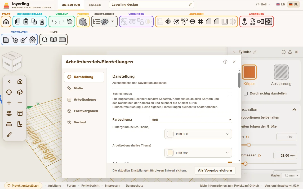 Die Einstellungen unter Darstellung: Hintergrund- und Arbeitsebenenfarbe für das helle Thema und der Schalter für Kantenlinien an allen Körpern.