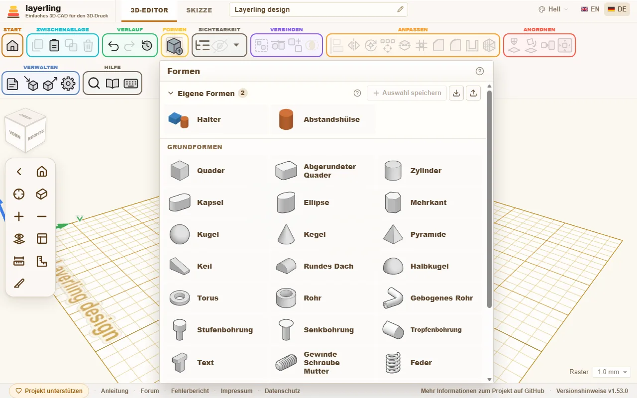 Die Formenbibliothek. Jedes Bildchen ist aus der echten Geometrie der Form gerendert.