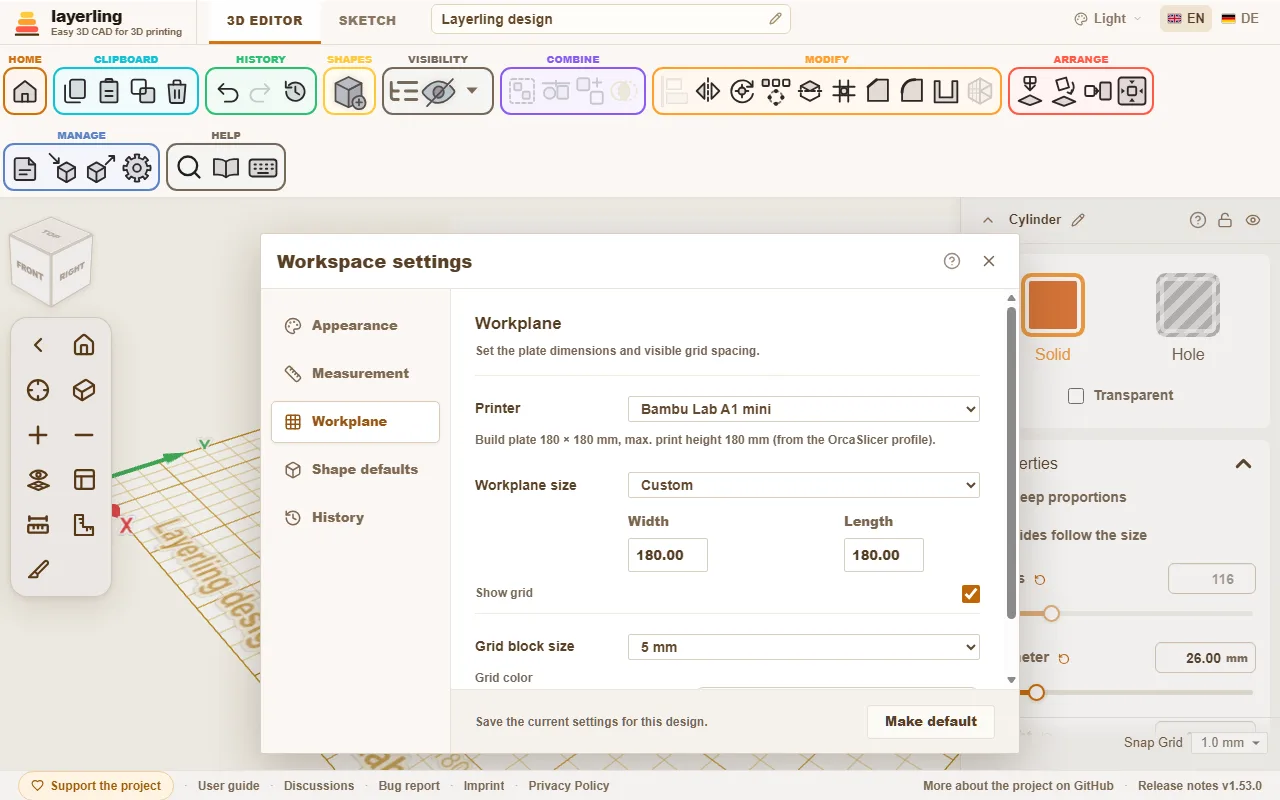 The workplane settings with a printer chosen. Print bed and maximum print height come from the slicer profile.